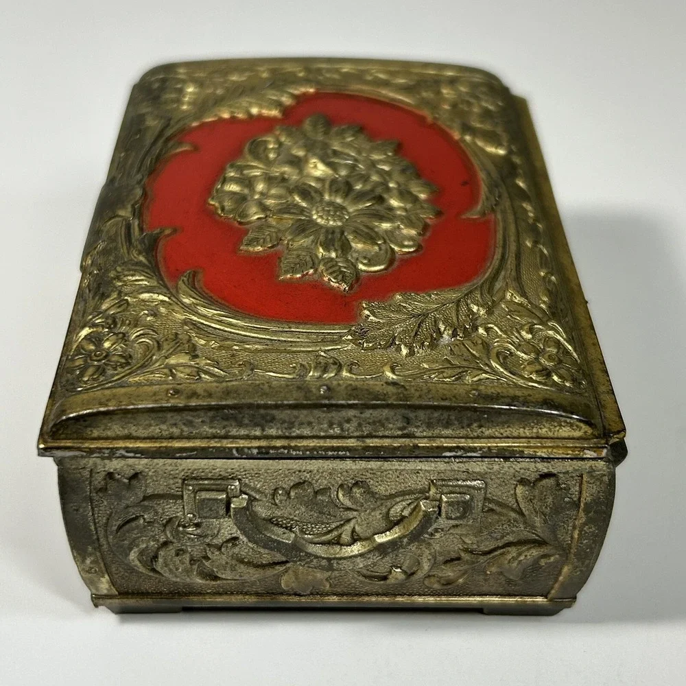 Vintage Metal Gold-tone Floral Detailed Lined Footed Trinket Jewelry Box.